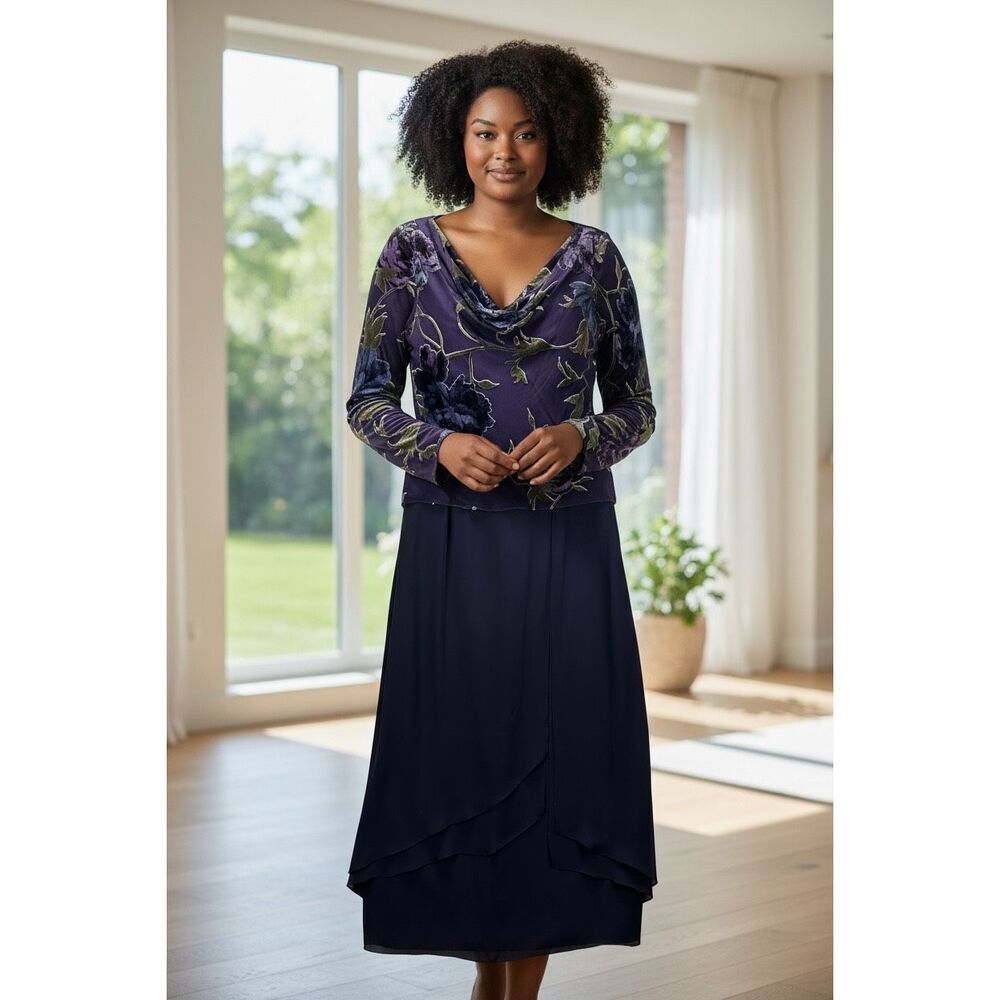 David's Bridal Silk Blend Sheer Burnout Purple Plum Velvet Floral Gown 14  NWT